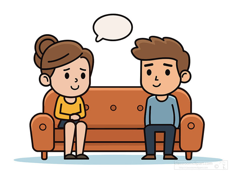 Shy boy and girl sitting on a couch