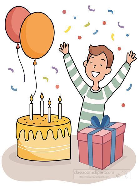 smiling boy celebrates his birthday with colorful balloons a yellow cake with lit candles and a big present