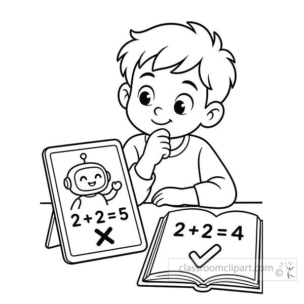Thoughtful boy compares an incorrect AI math answer on a tablet with the correct addition equation in his textbook