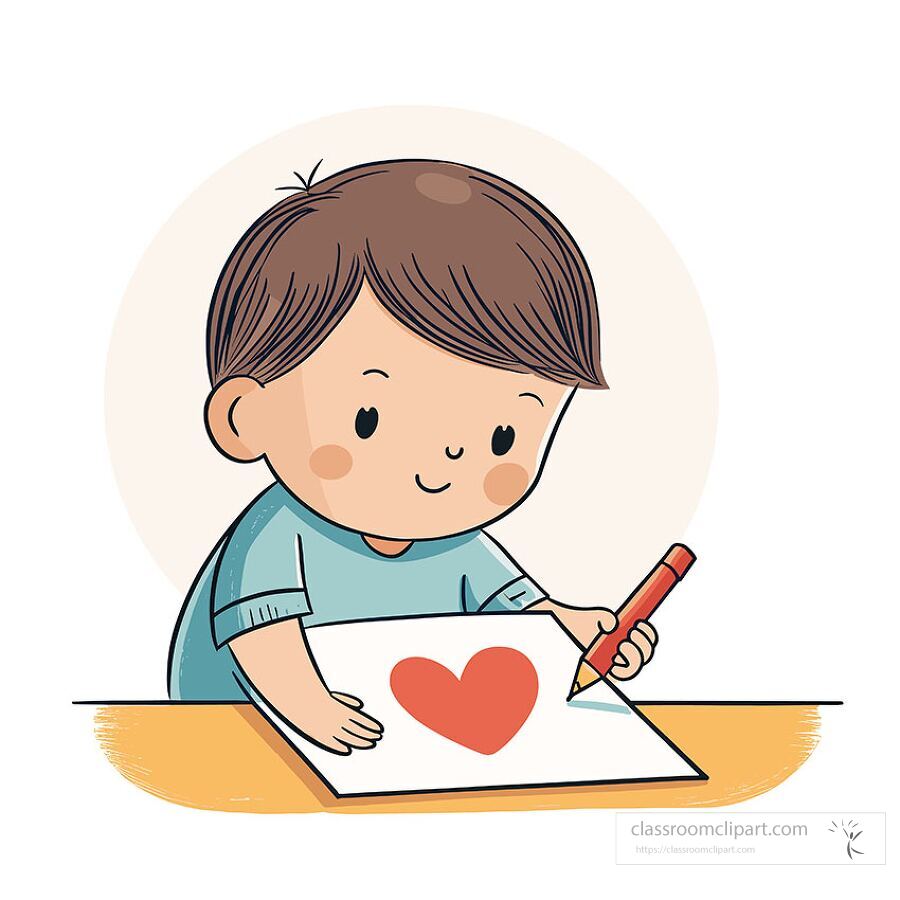 Clipart illustration of a young boy drawing a red heart on paper with a pencil
