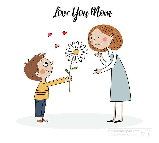 Cartoon boy handing a white daisy flower to his smiling mother with small hearts above them