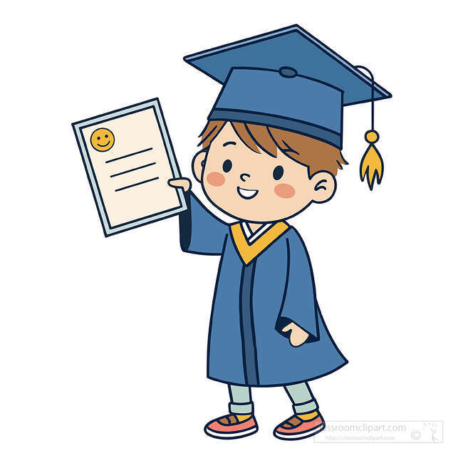 Smiling boy in a blue graduation gown and cap holding up a diploma certificate