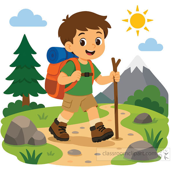 A smiling boy hikes on a mountain trail with an orange backpack walking stick pine tree rocks and sun