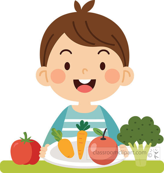 Smiling boy holding a plate with carrot corn apple and greens beside tomato and broccoli
