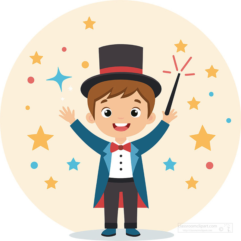 Smiling young magician in a blue jacket red bow tie and tall top hat performs a magic trick as colorful stars sparkle around him.