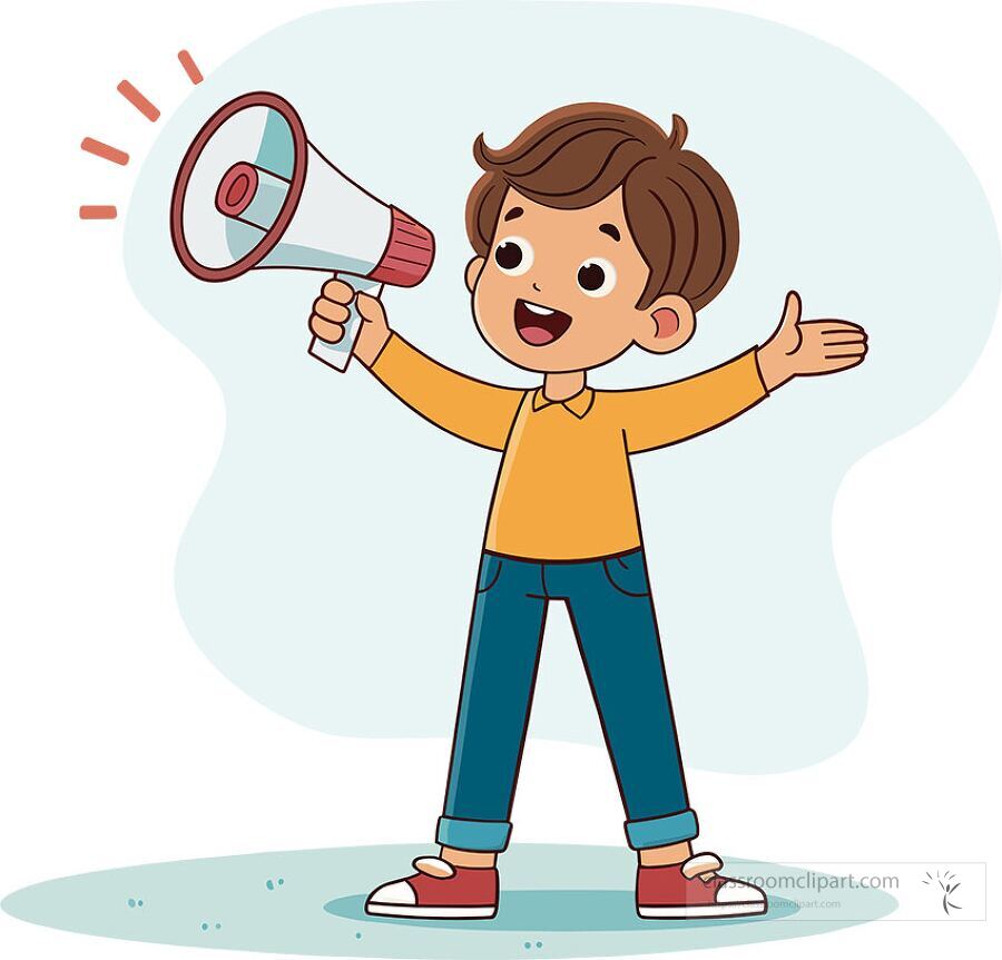 illustration of a cartoon boy making an announcement with a megaphone wearing orange shirt and blue jeans