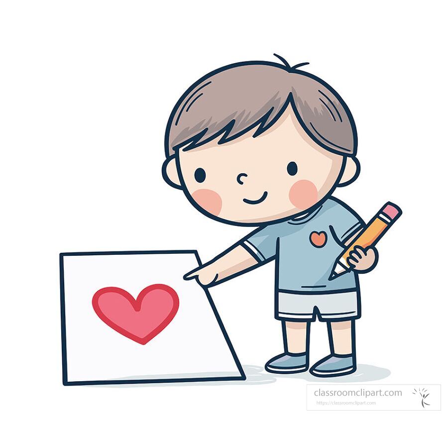 Clipart illustration of a young boy holding a pencil and pointing to a red heart drawing on paper