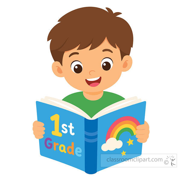 Boy reading clipart with a smiling child holding a blue 1st grade book with rainbow cloud and stars