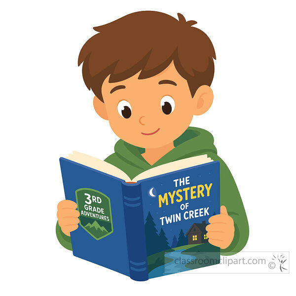 Boy reading clipart with a green hoodie and an open 3rd grade mystery book