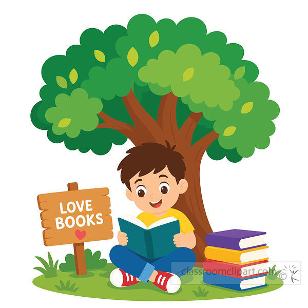 A smiling boy reads a book under a leafy tree beside a love books sign and a colorful stack of books