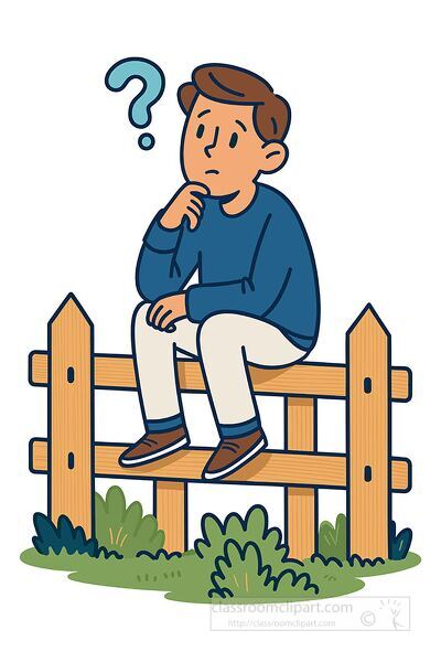 illustration of a boy sitting on a wooden fence looking confused with a question mark above his head simple cartoon style