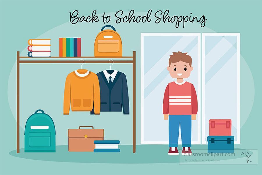 Vector clipart of a boy shopping for school clothes with a wardrobe and backpacks displayed on a rack. Perfect for illustrating back to school preparation.