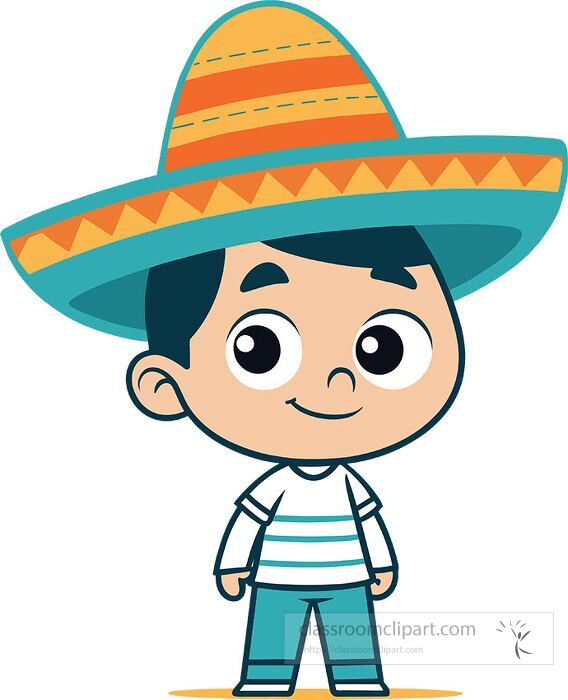 clipart of a boy wearing a large sombrero hat smiling and standing
