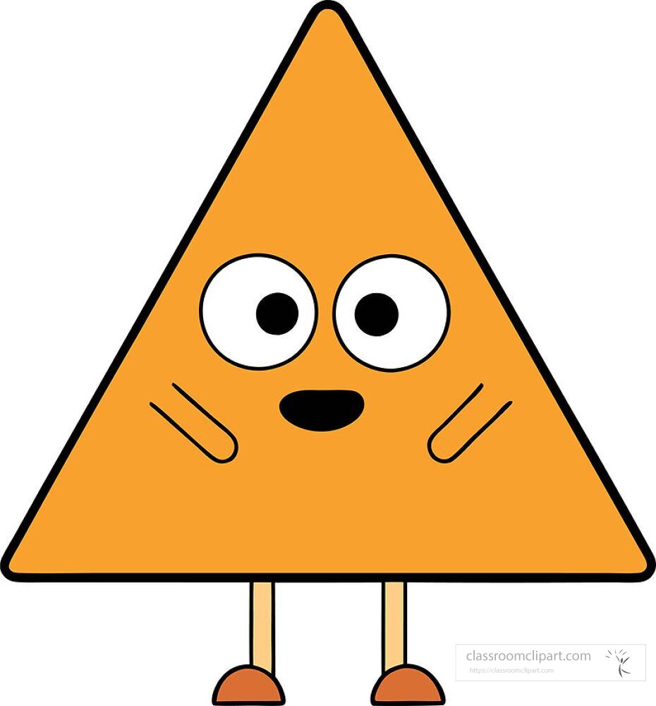 A cheerful orange triangle character stands with a big smile It has large eyes and small legs exuding a playful and friendly vibe suitable for children