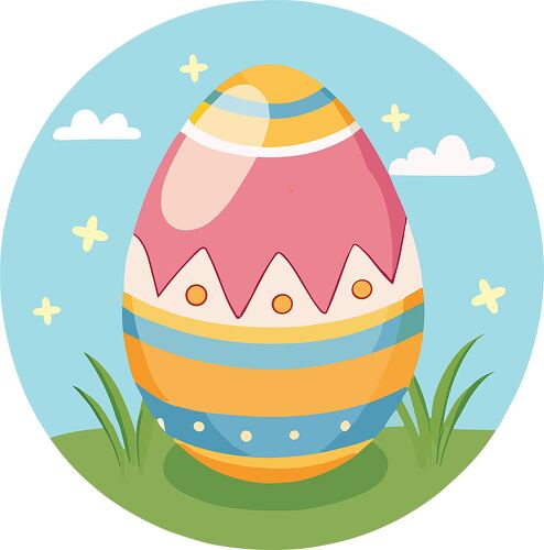 A vibrant egg stands among grass under a clear blue sky with fluffy clouds and sparkles