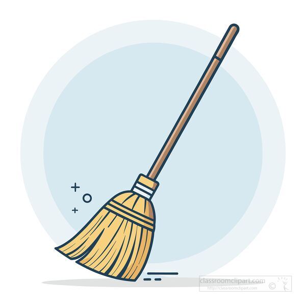 Flat vector illustration of a straw broom with a wooden handle standing upright on a light circular background