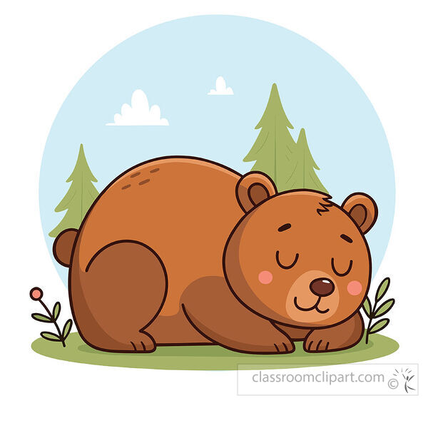 clipart of brown bear sleeps on grass with closed eyes near small plants and pine trees under a blue sky