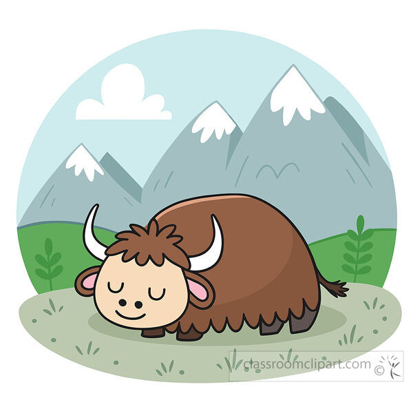Brown grazing yak clipart shows a horned yak eating grass in a green meadow with snowy mountains behind it