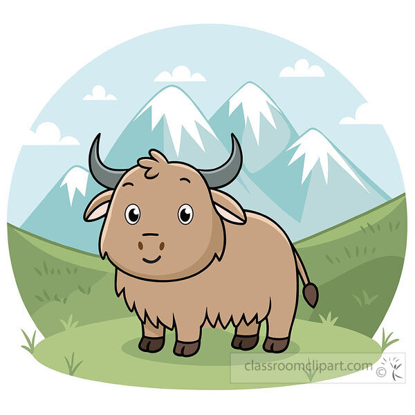 Shaggy brown yak clipart shows a standing yak in a green mountain meadow with snowy peaks behind it