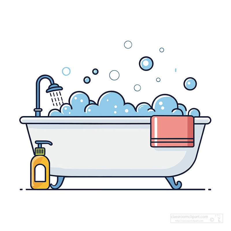 Relaxing bubble bath scene with bathtub bubbles and shower for self care and wellness