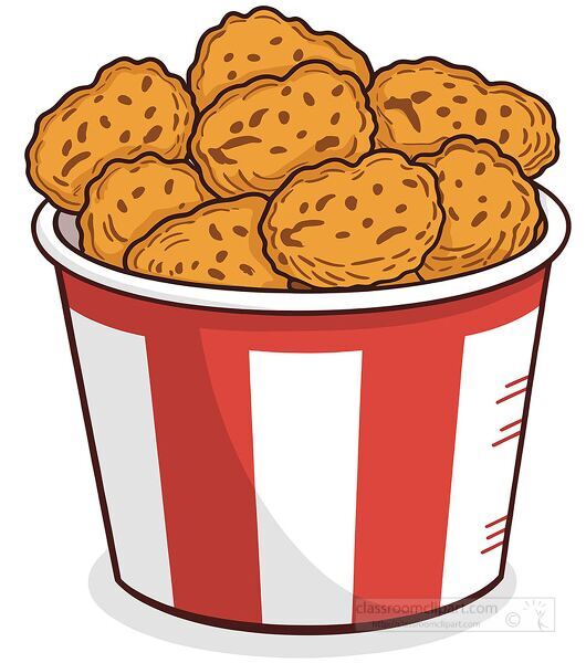 large red and white striped bucket full of crispy fried chicken pieces drawn in a flat vector style