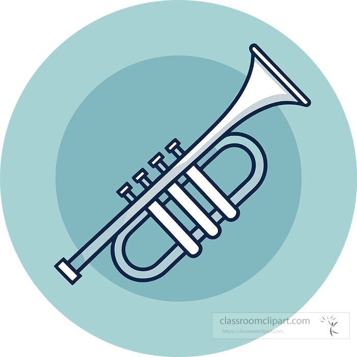 Flat vector illustration of a brass bugle musical instrument shown on a teal circular background ideal for band education military music and design projects