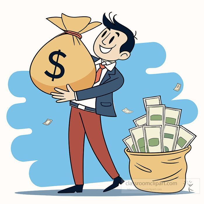 illustration of a happy businessman holding a big money bag standing next to a sack filled with cash
