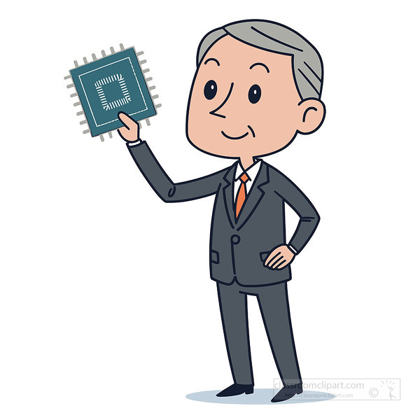 professional cartoon businessman proudly holds a technology microchip symbolizing innovation and modern technology