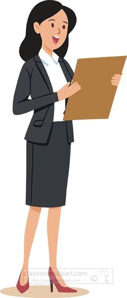 Educational illustration of professional businesswoman in suit holding document for career studies and business education