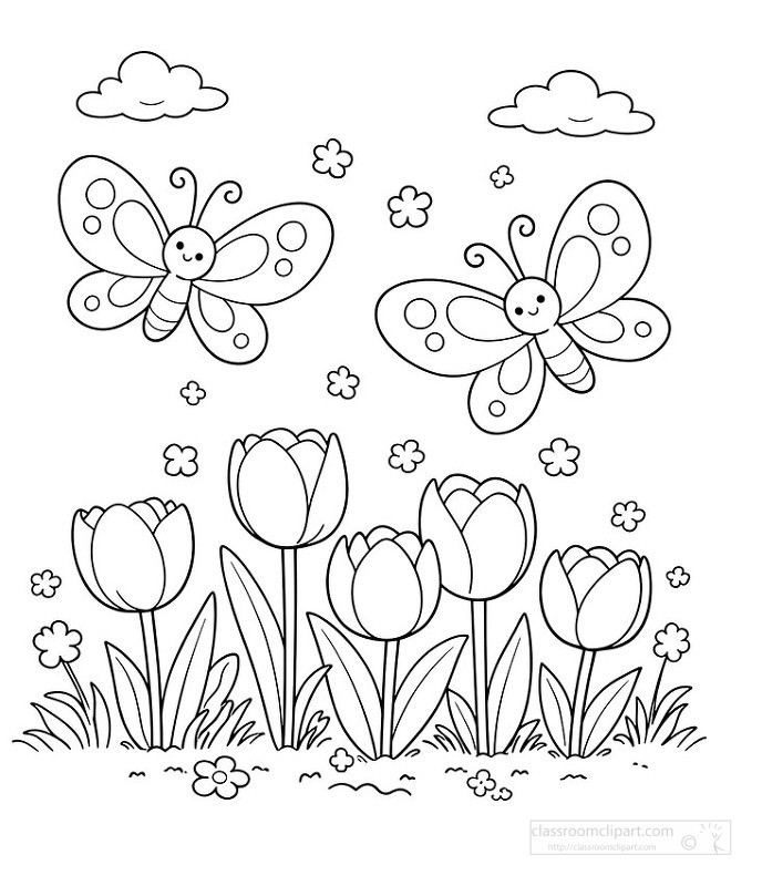 Black and white coloring page of butterflies flying over blooming tulips in garden scene