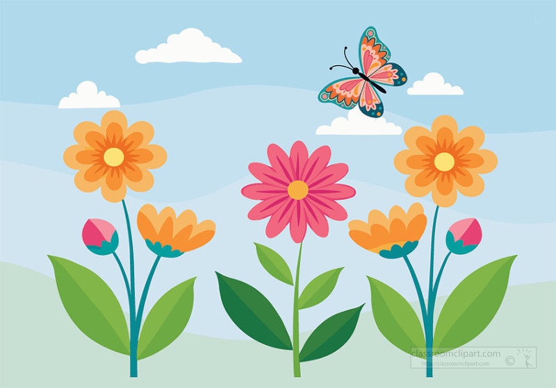Simple spring landscape with butterflies flying above flowers in a clean nature background