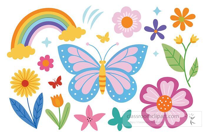 cheerful vector set of colorful butterflies a rainbow and various spring flowers perfect for kids crafts nature themes and classroom decorations