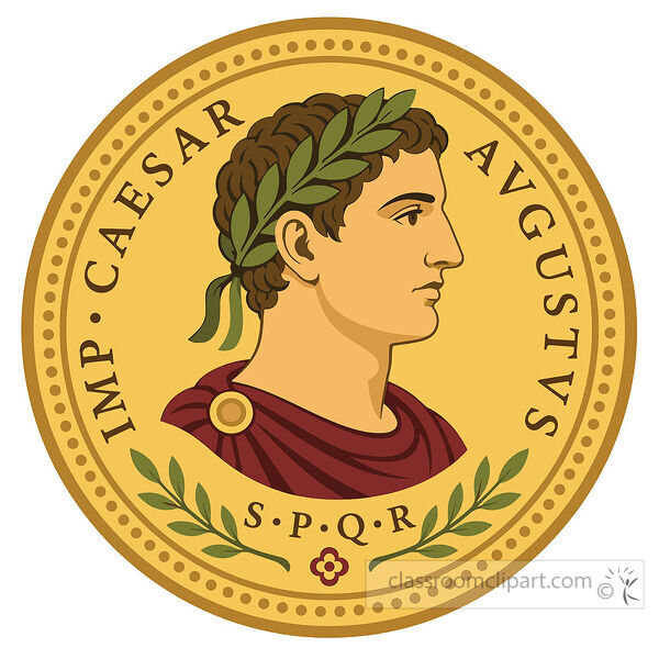 Gold Roman coin with a side profile of Caesar Augustus wearing a laurel wreath