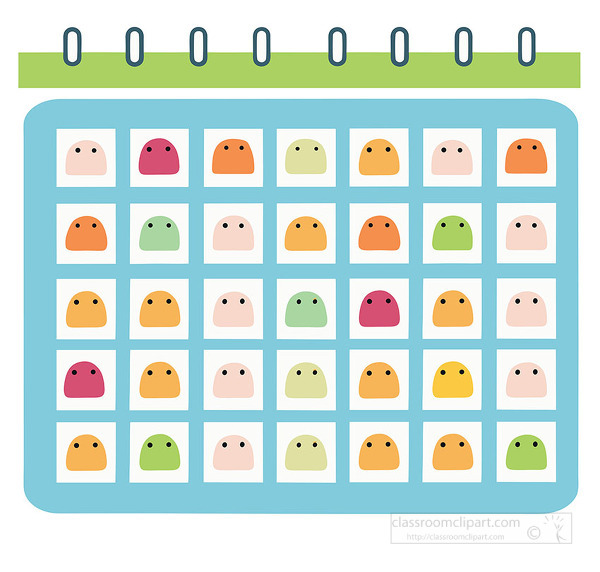 bright blue calendar with small colorful faces filling each day in a fun simple style perfect for kids schedules and classroom visuals