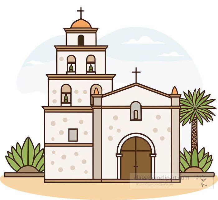Illustration of historic mission style church with bell towers stucco walls and surrounding palm trees