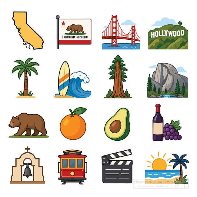 California state symbol icon set with map flag bridge Hollywood sign palm tree surfboard bear orange avocado and trolley