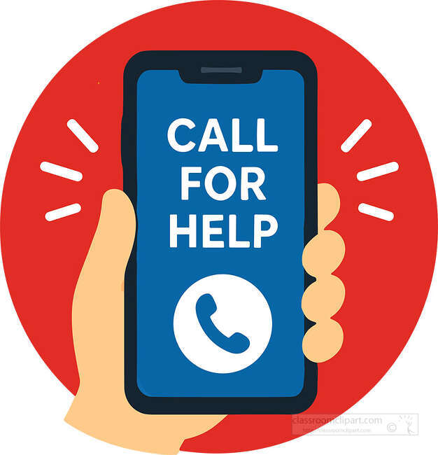 Hand holding a phone with Call For Help text and phone symbol