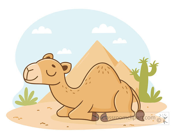 Resting camel clipart in a desert scene with pyramids cactus clouds and soft sandy colors