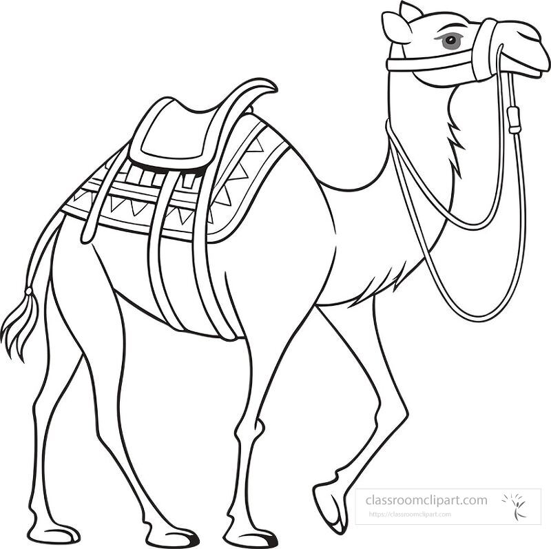 A one hump camel stands proudly with a bridle and saddle designed in a black outline style This animal is suitable for riding across sandy terrains symbolizing adventure