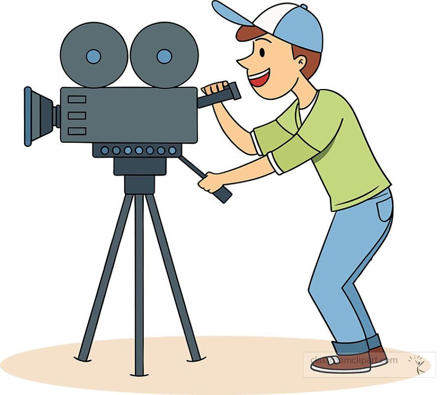 cartoon vector illustration of a cameraman filming a movie using a video camera mounted on a tripod wearing cap and jeans