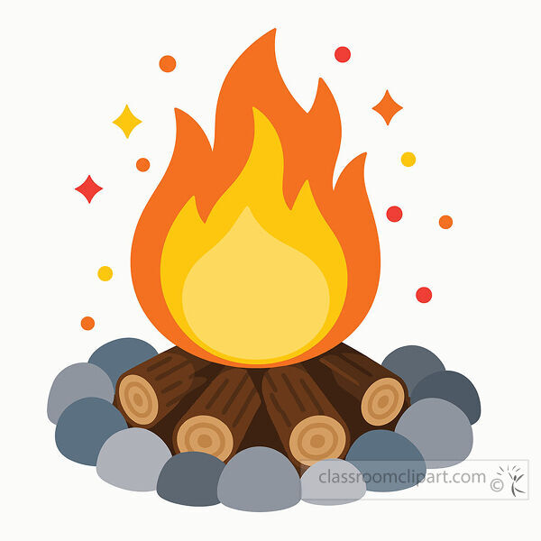 A bright orange and yellow campfire burns over stacked logs inside a circle of gray stones