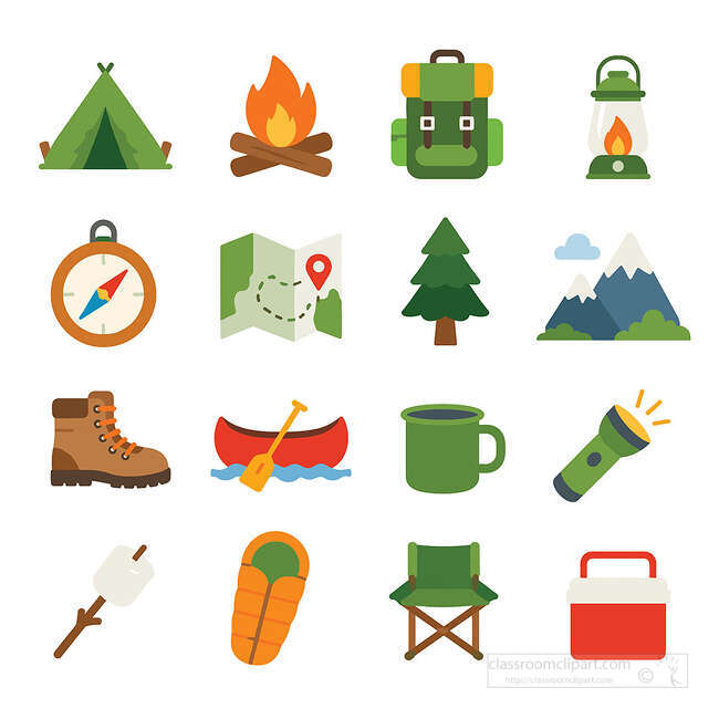 Camping gear flat icon set with tent campfire backpack lantern compass map pine tree mountains boot canoe and cooler