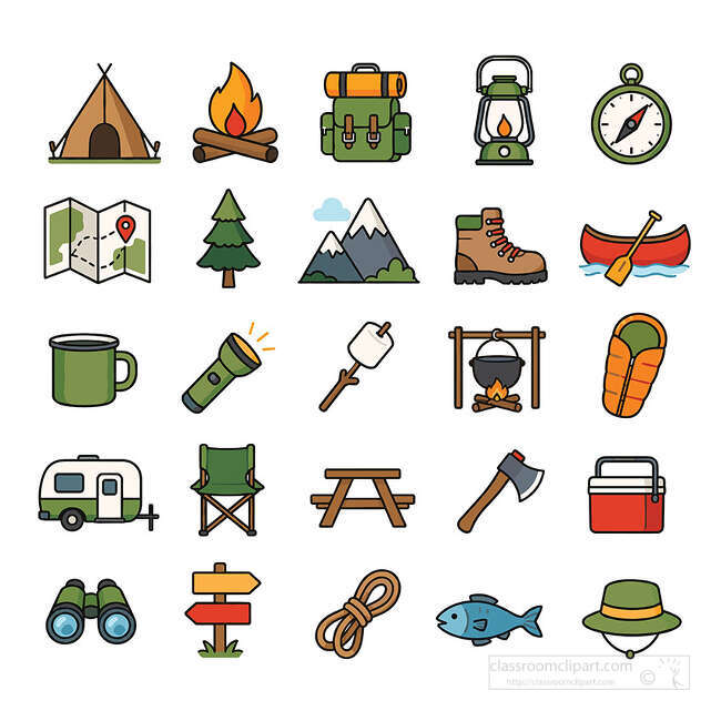Camping gear outdoor icon set with tent campfire backpack lantern compass map canoe boot mug axe cooler and fish