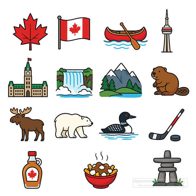 Canada symbol color icon set with maple leaf flag canoe tower beaver moose polar bear loon hockey syrup and poutine