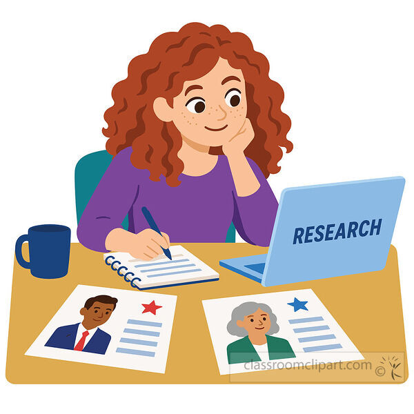 Woman writes notes beside a laptop labeled research with two candidate profile sheets on the desk