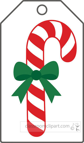 Christmas gift tag featuring a red and white striped candy cane with a dark green ribbon bow and gray border