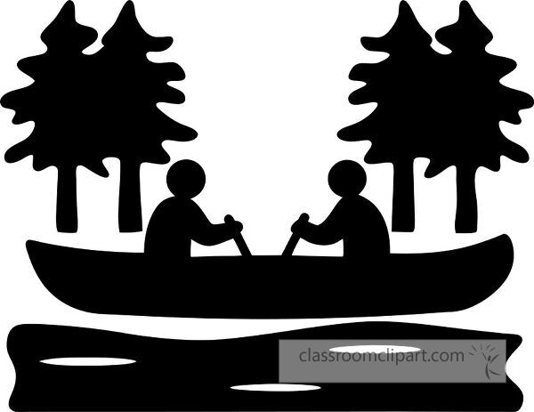 Two people canoeing on a river surrounded by trees in a simple silhouette style.