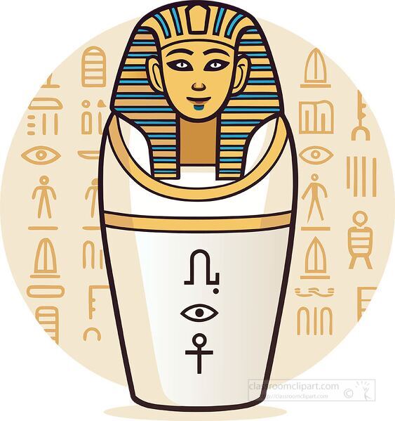 Vector illustration of an ancient Egyptian canopic jar with a pharaoh mask, decorated with hieroglyphics. Useful for history lessons and Egypt studies