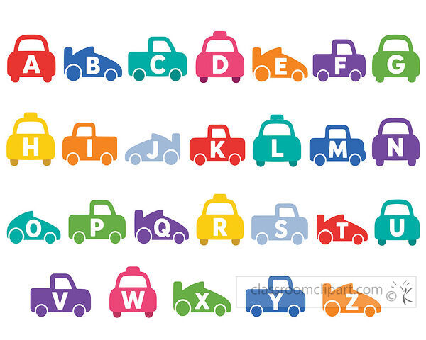 Colorful car alphabet with different vehicle shapes and large letters arranged from A to Z