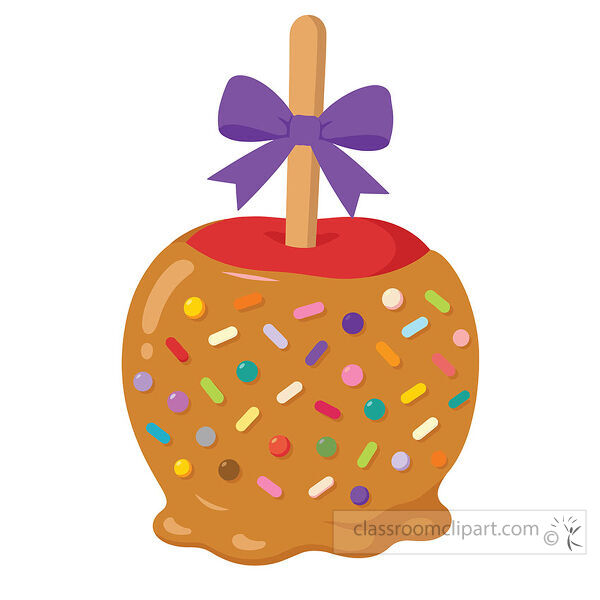 Caramel apple with colorful sprinkles red topping and a purple bow tied around the stick